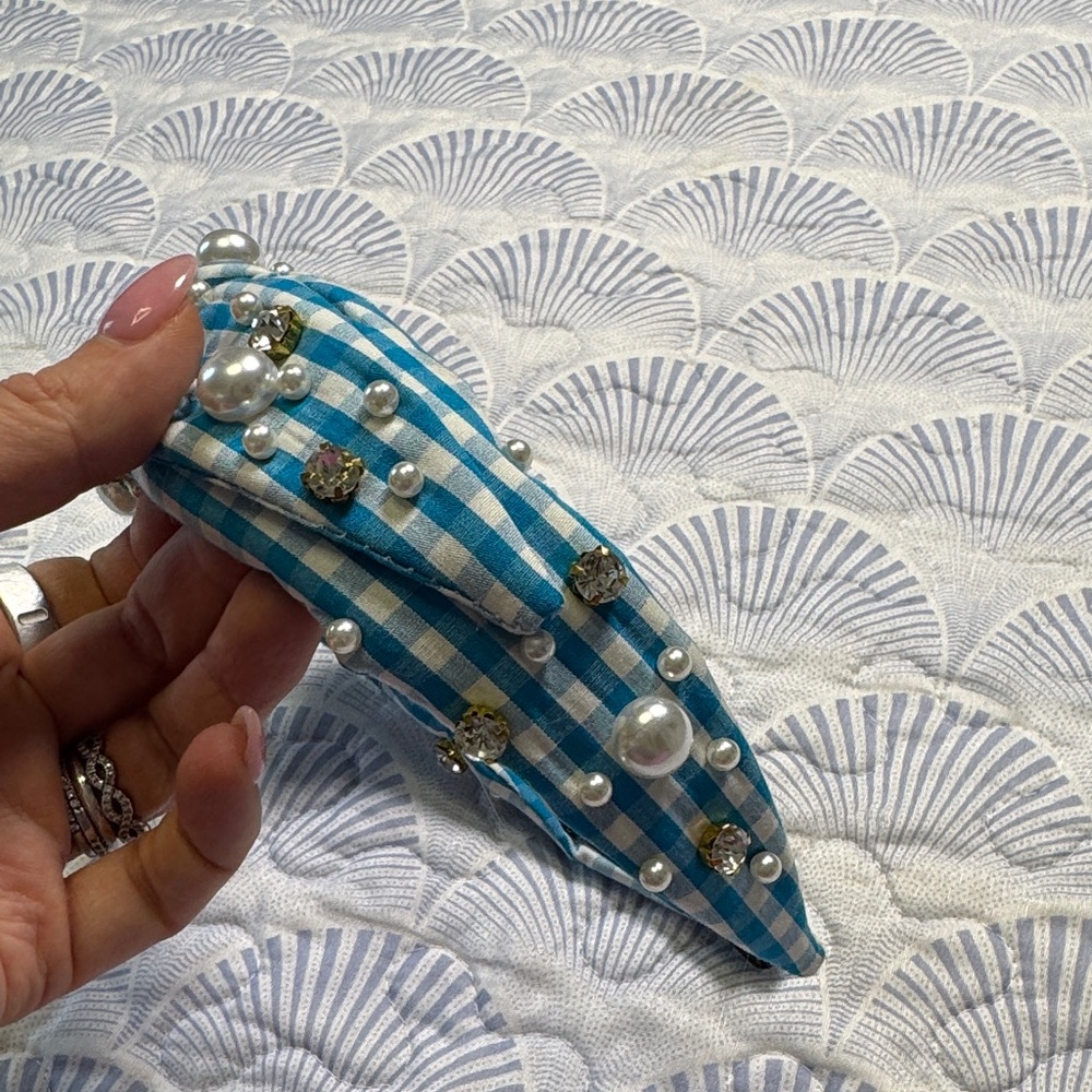 Blue Gingham Pearl Crystal Knotted Headband Preppy Coastal Statement - Picture 7 of 7